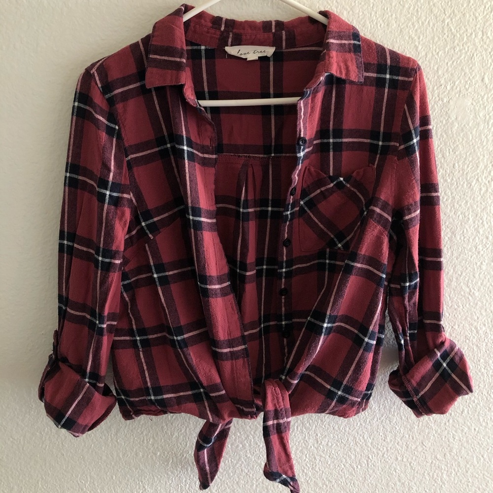 Plaid Tie Front Flannel Longsleeve Cropped Shirt